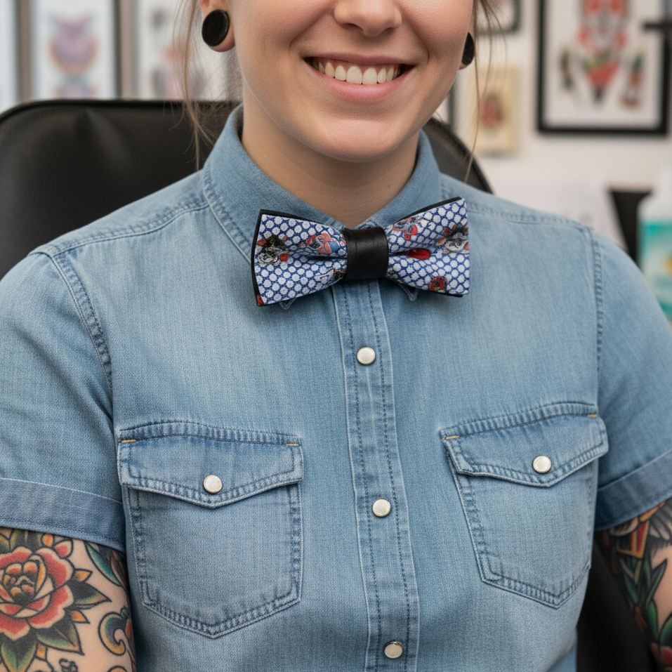 Noeud papillon bleu avec petits tatouages "Pin up tatoo"