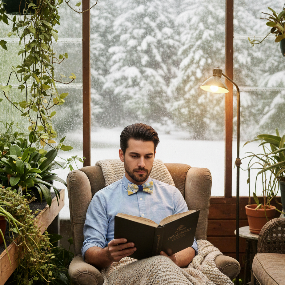 Noeud papillon jaune fleuri revers en velours bleu "Jardin d'hiver"