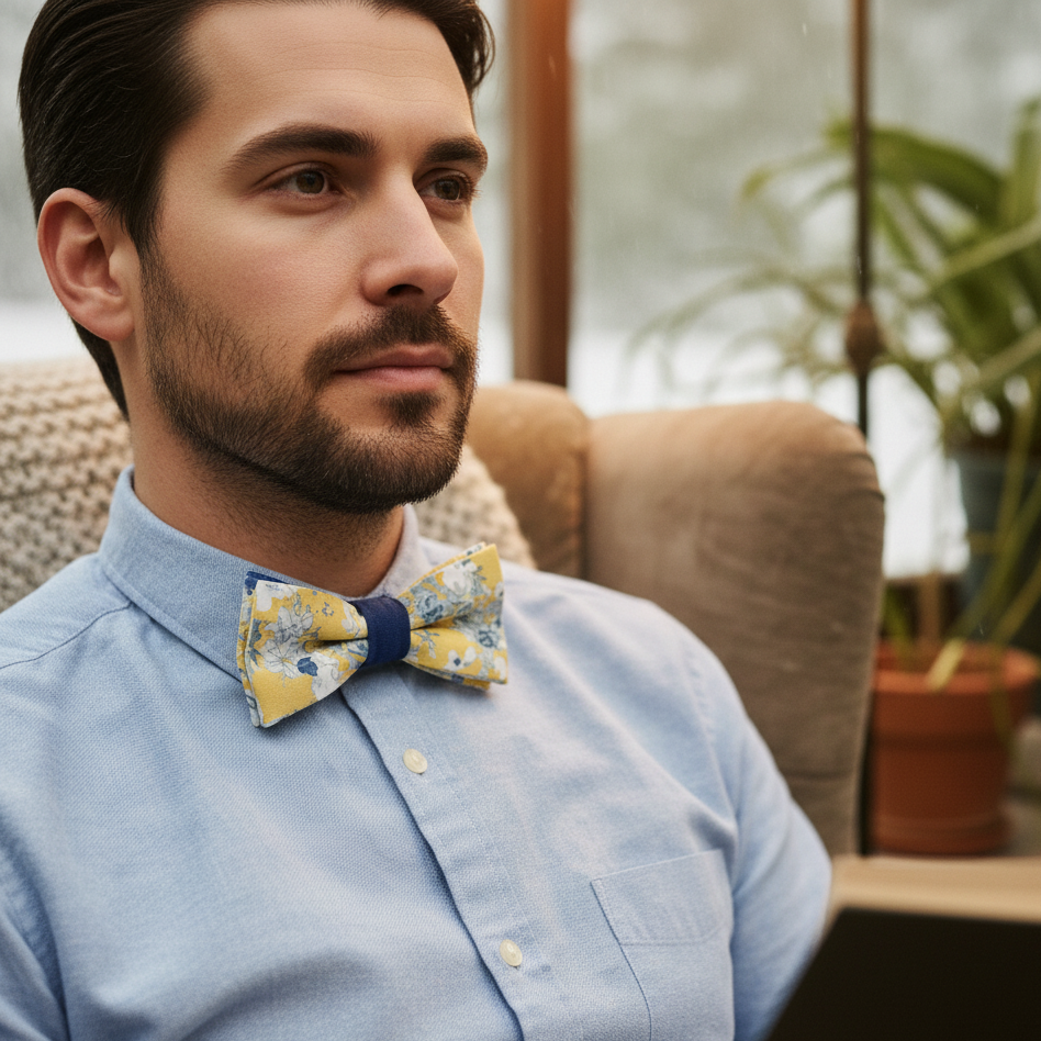 Noeud papillon jaune fleuri revers en velours bleu "Jardin d'hiver"