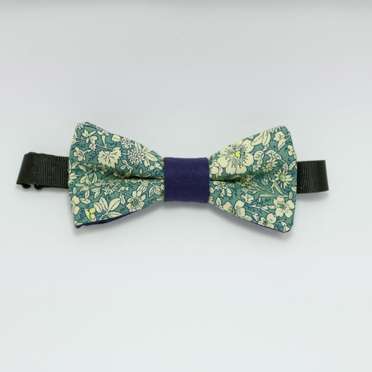 Noeud papillon vert et bleu fleuri "Sentiment romantique"