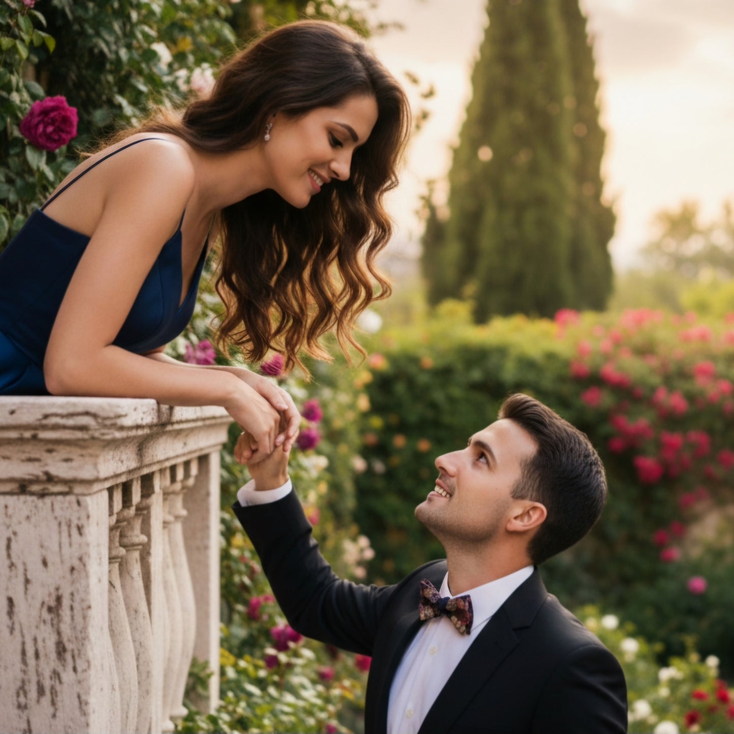 Noeud papillon bleu fleuri "Un soir à Vérone"