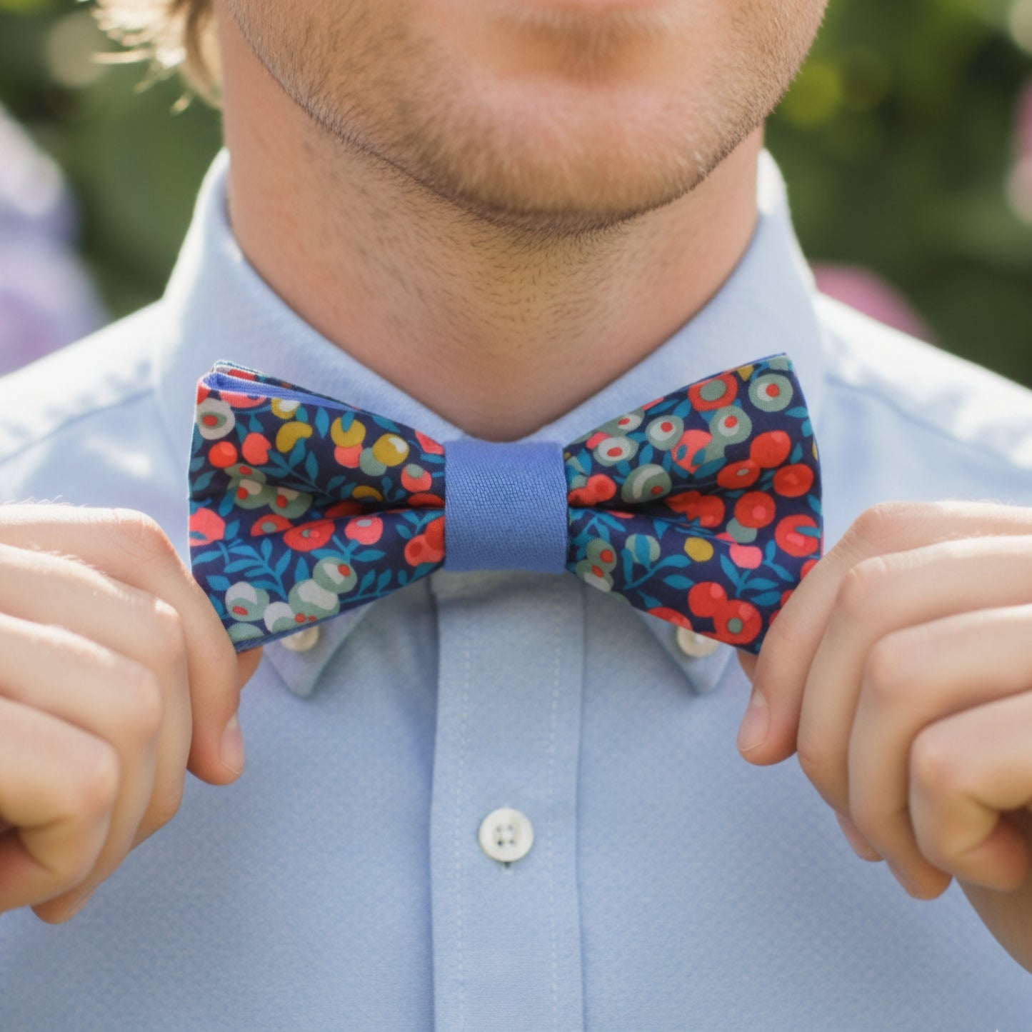 Noeud papillon bleu fleuri "Varengeville"
