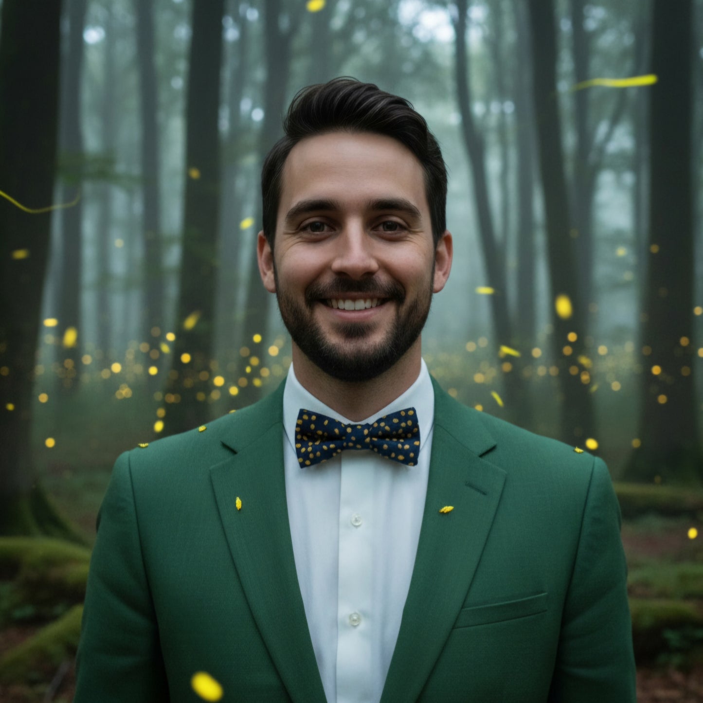 Noeud papillon bleu de petits pois jaunes "Lucioles"