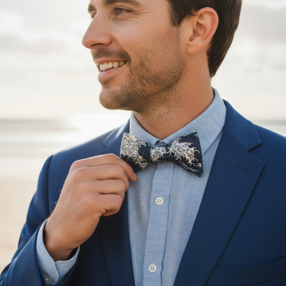 Noeud papillon bleu motif vagues "Kanagawa"