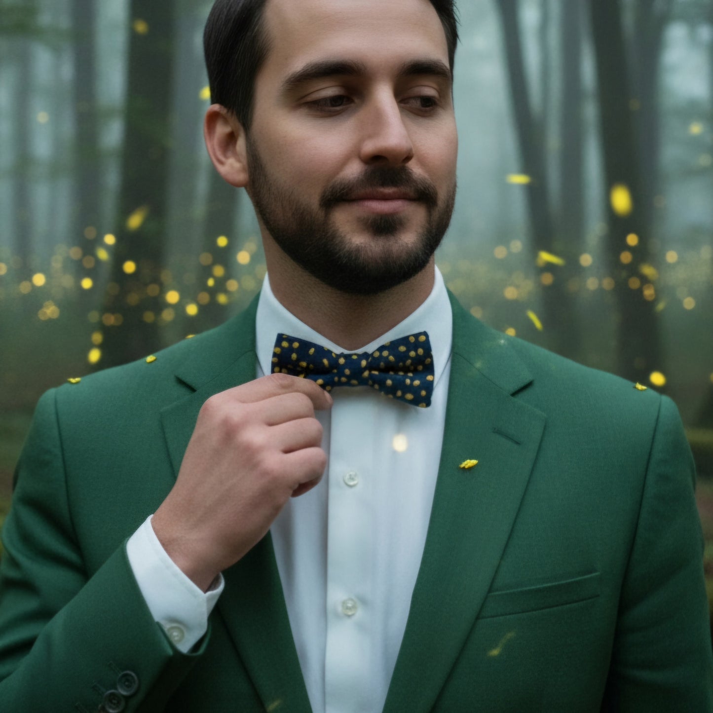 Noeud papillon bleu de petits pois jaunes "Lucioles"